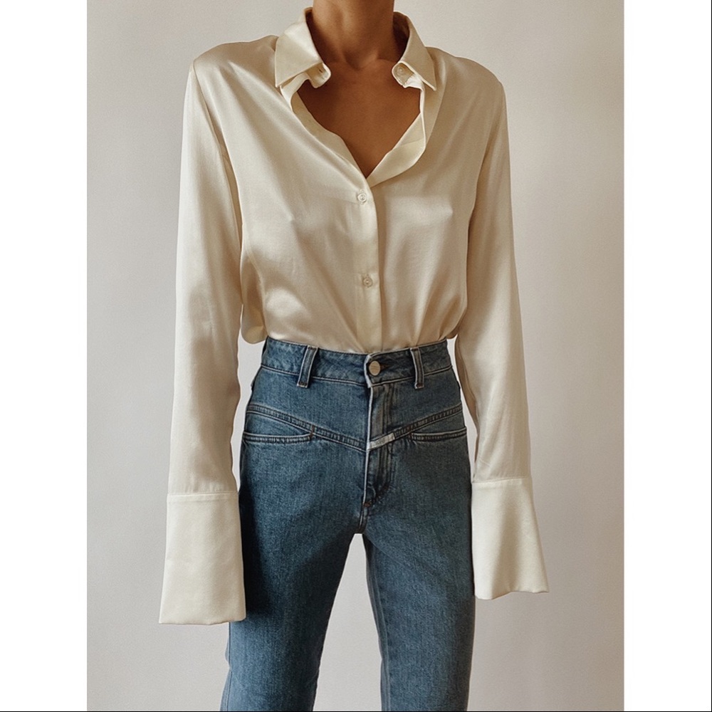 Orseund Iris Silk Satin Shirt Blouse in Cream/Ivory XS